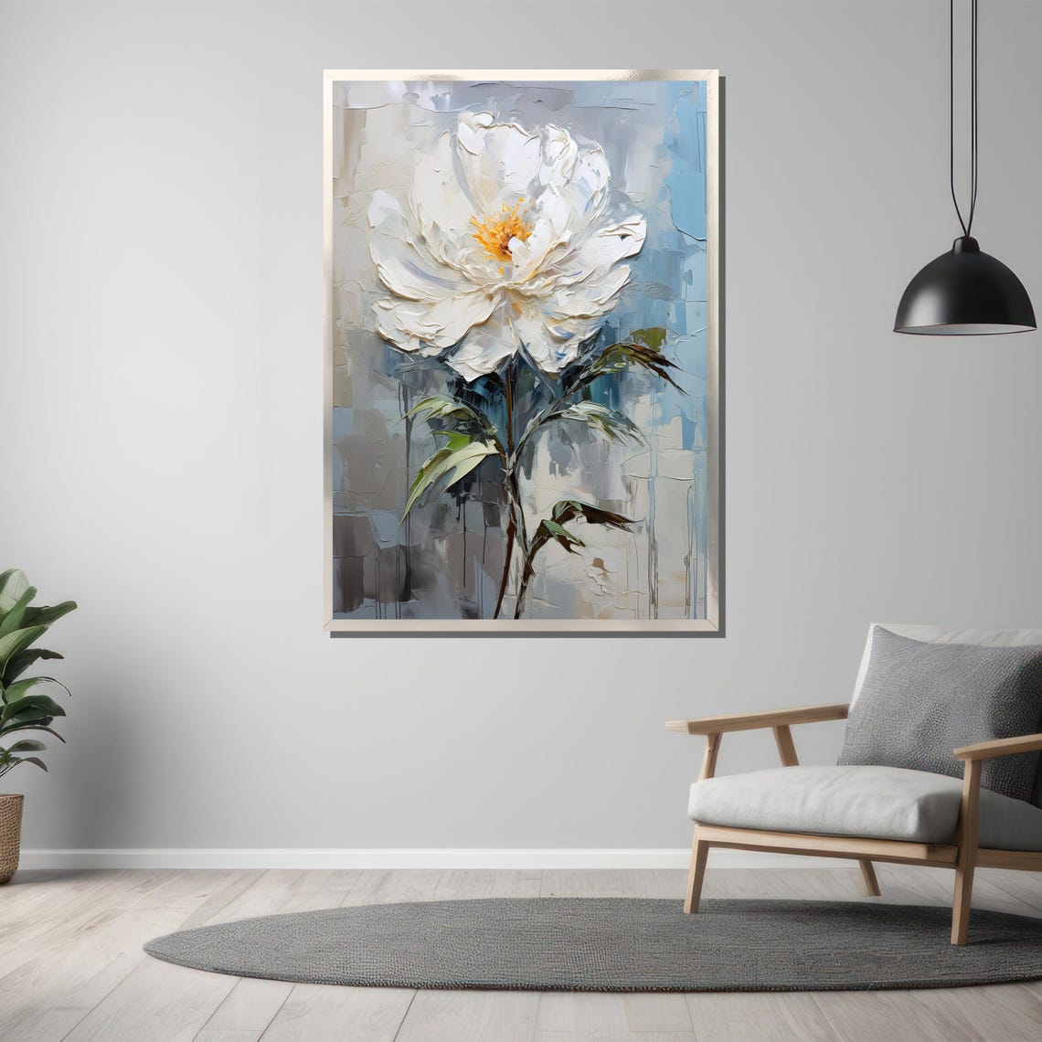 White Peony Thick Impasto Bloom Soft Gray Botanical Art Poster - Image 3