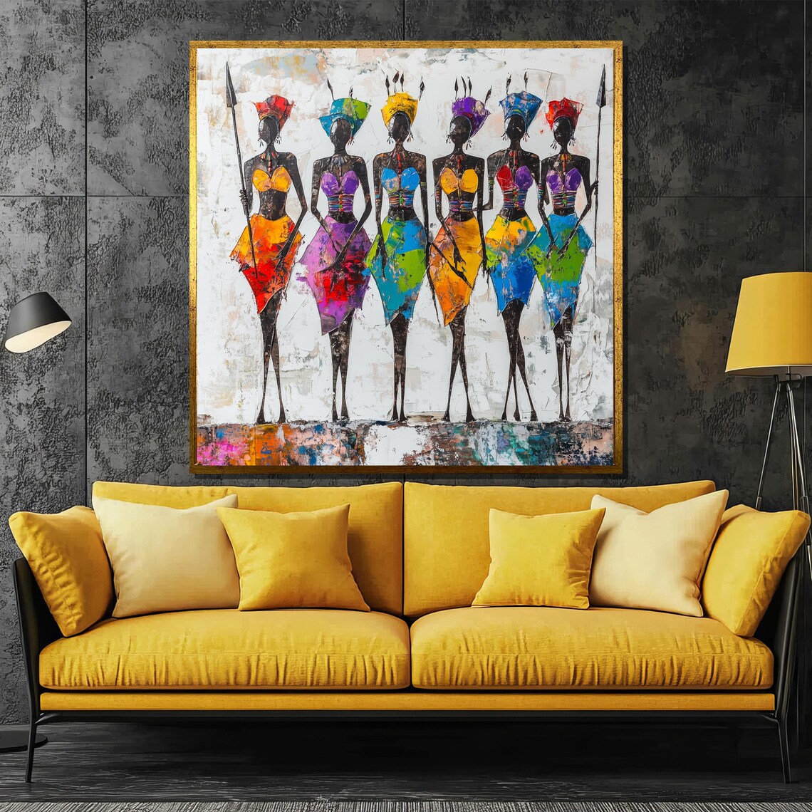 Six African Tribal Women With Spears Colorful Warrior Art Poster