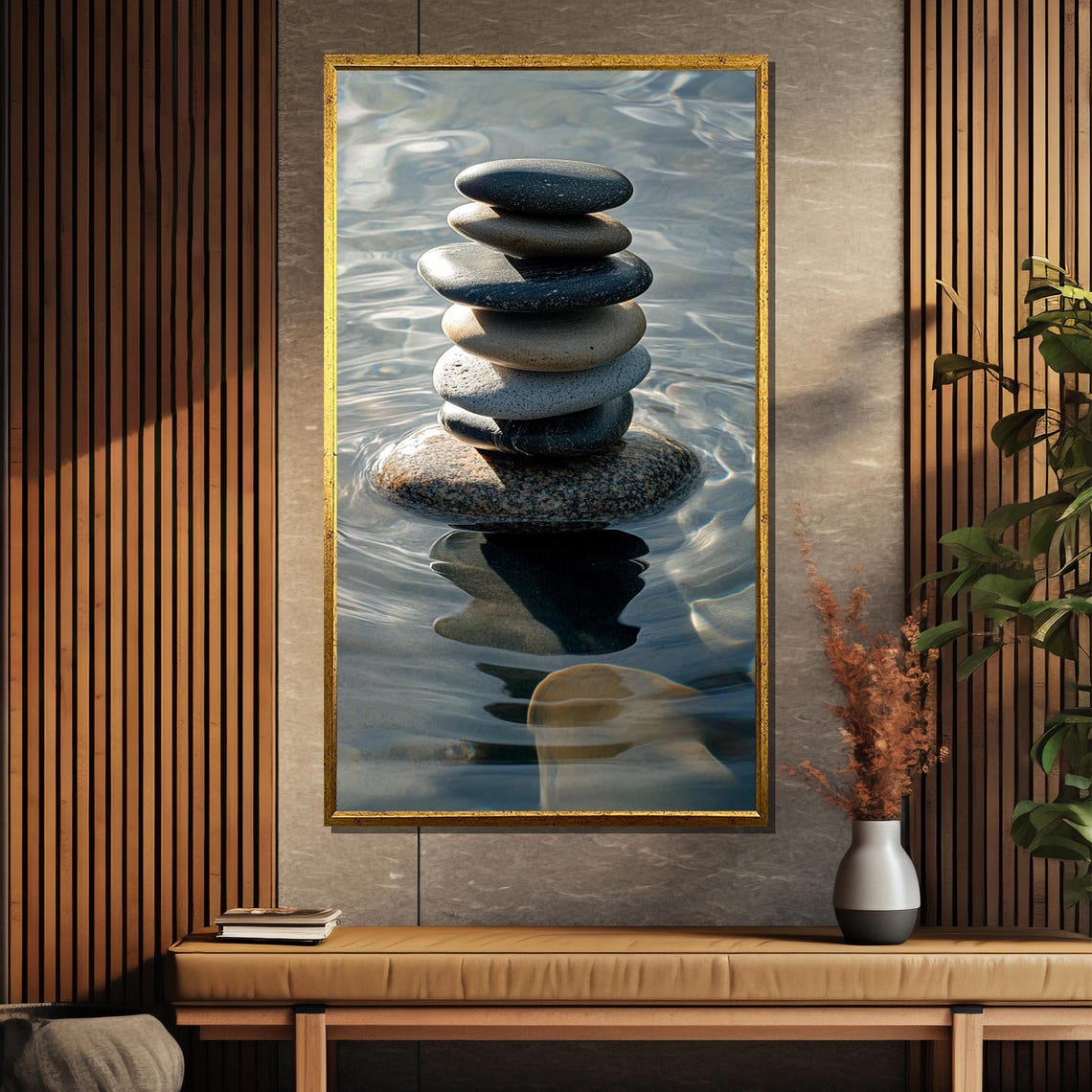 Balanced Cairn of Smooth Stones in Rippling Blue Water Poster - Image 5