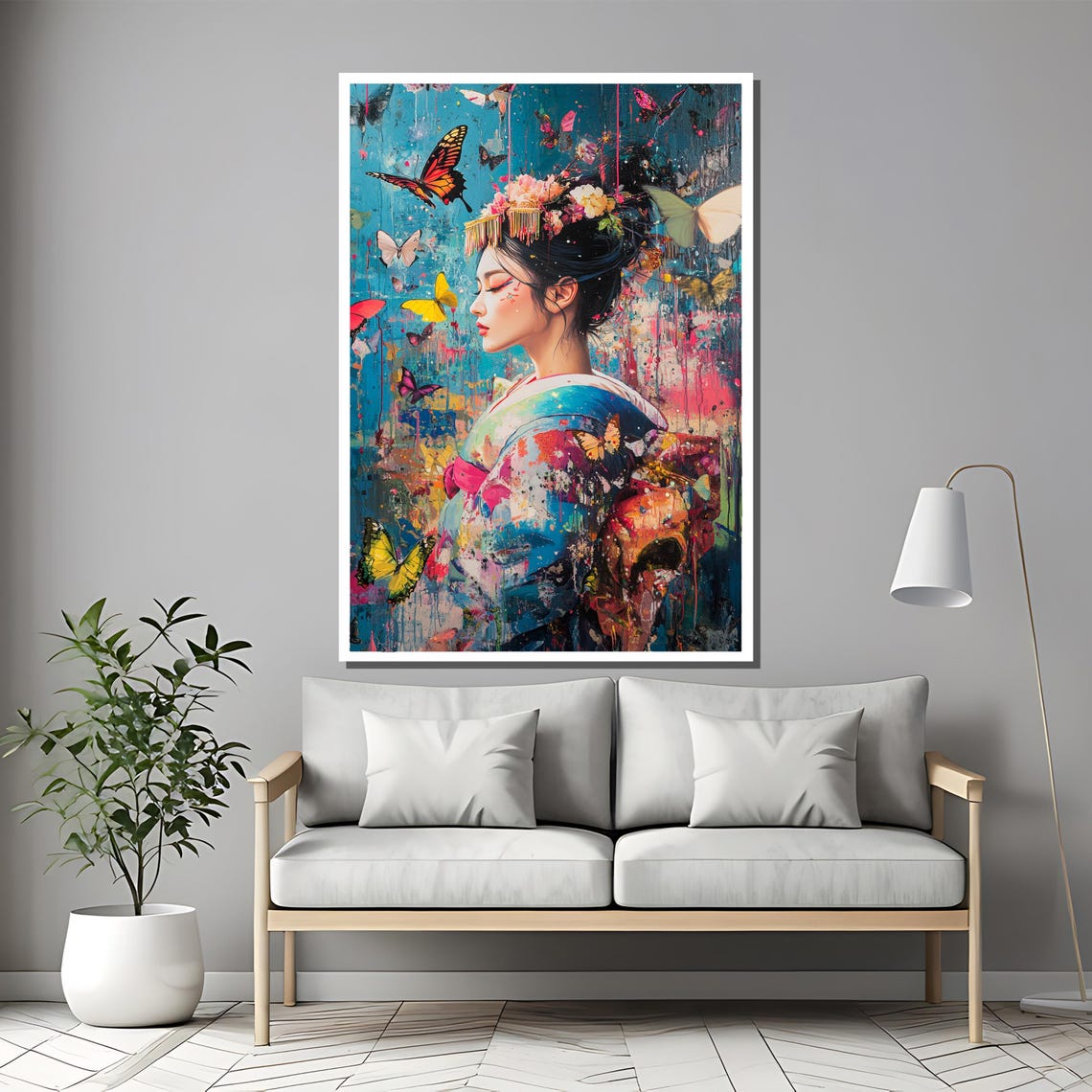 Serene Geisha Among Butterflies Dreamy Teal Splash Art Poster - Image 2