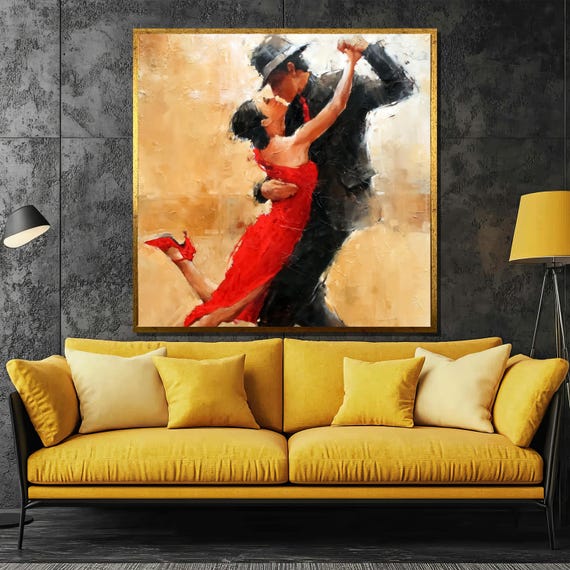 Elegant Tango Painting Romantic Dance Scene With Red Dress And Textured Brushstrokes Perfect Wall Decor And Gift Idea