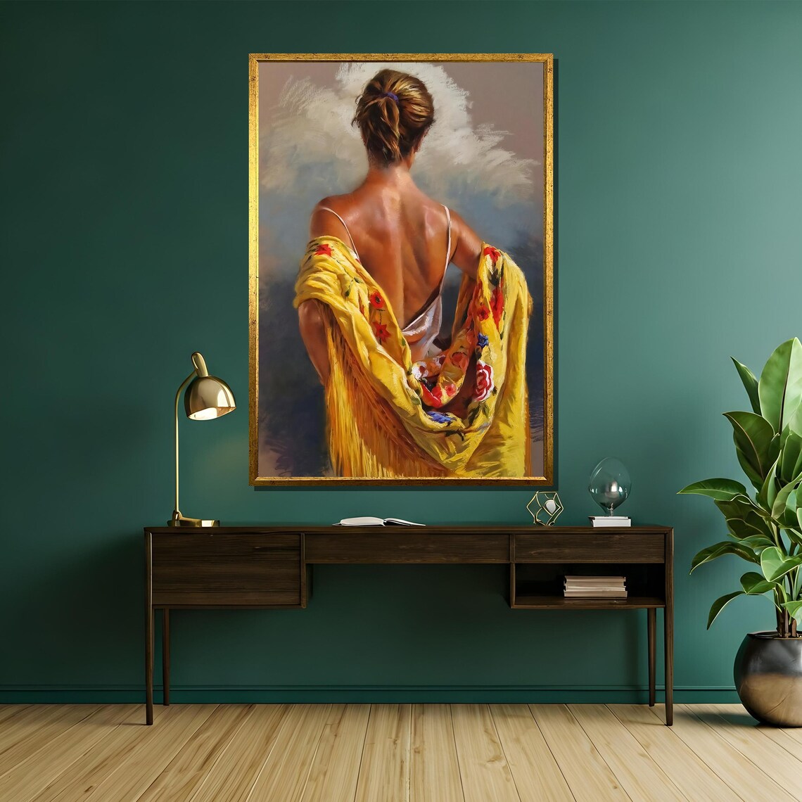 Elegant Woman With Yellow Floral Shawl Realistic Painting Poster - Image 5