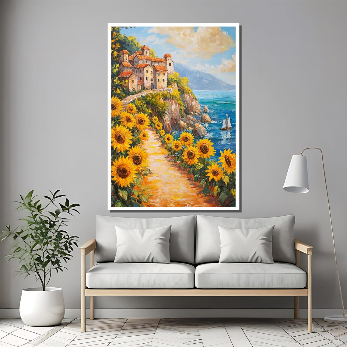 Sunflower Path to a Mediterranean Seaside Village Painting Poster - Image 2