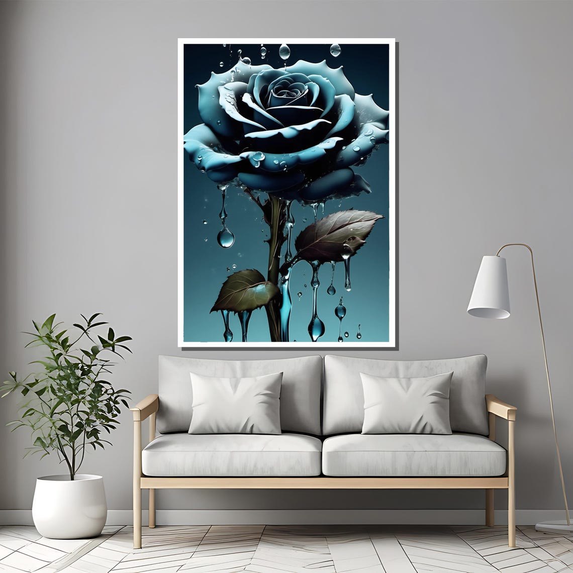 Surreal Dark Blue Rose With Dripping Water Droplets Art Poster - Image 2