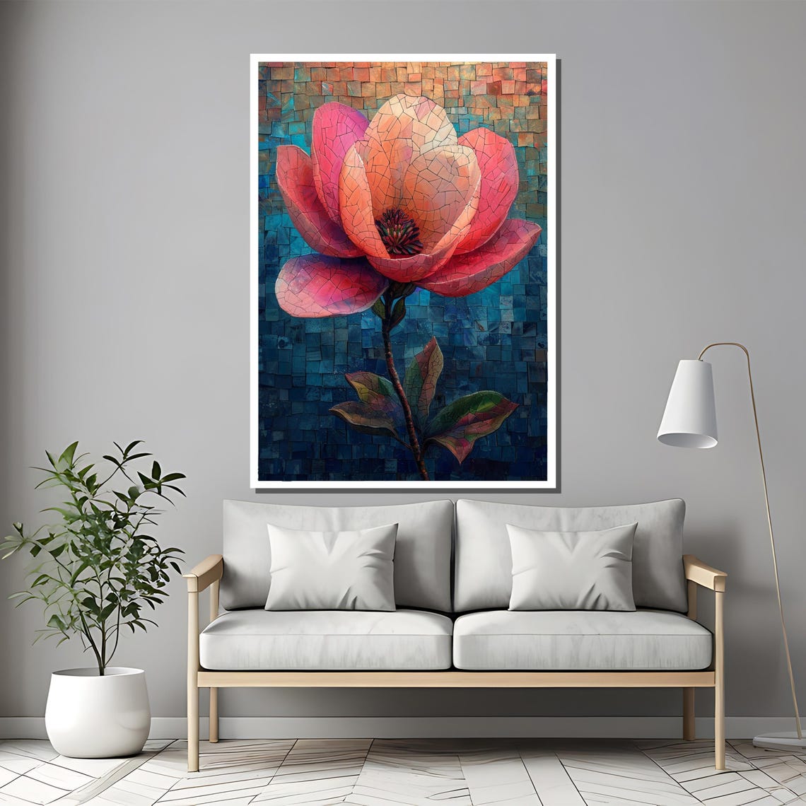 Mosaic Pink Magnolia Bloom Stained Glass Style Flower Art Poster - Image 2