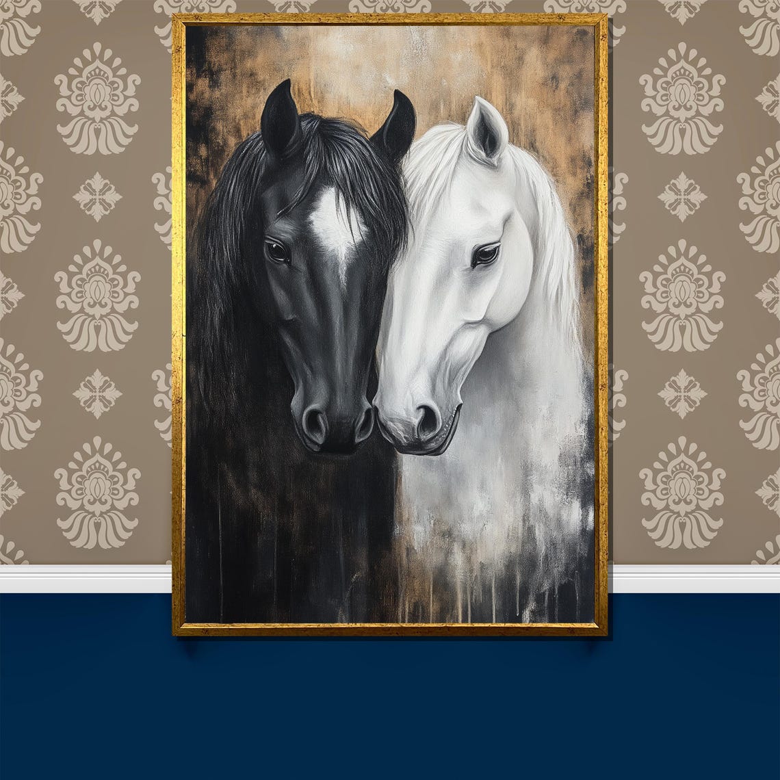 Black And White Horse Duo In Elegant Side By Side Portrait Poster