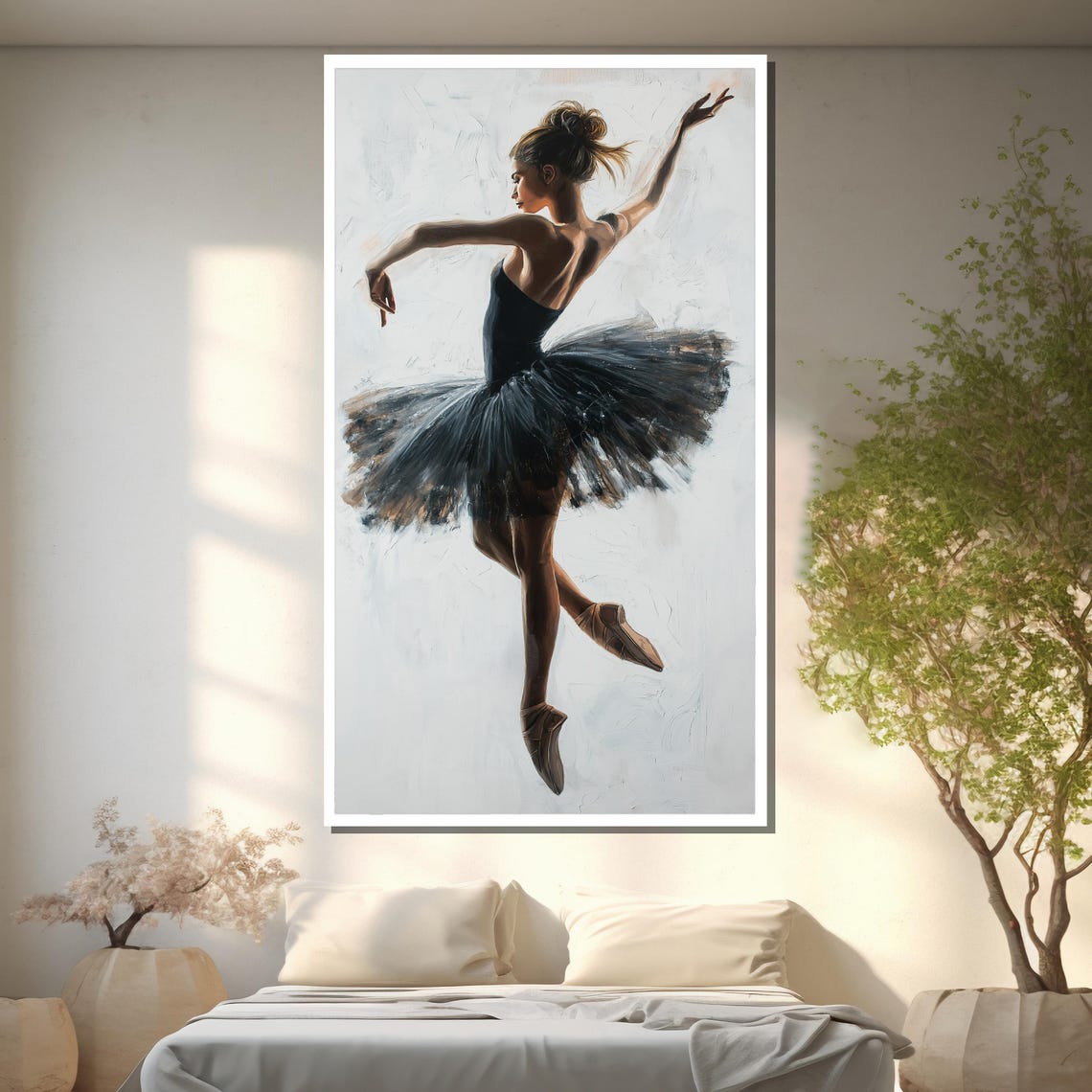 Ballerina In Black Tutu Mid Leap White Background Art Poster - Image 2