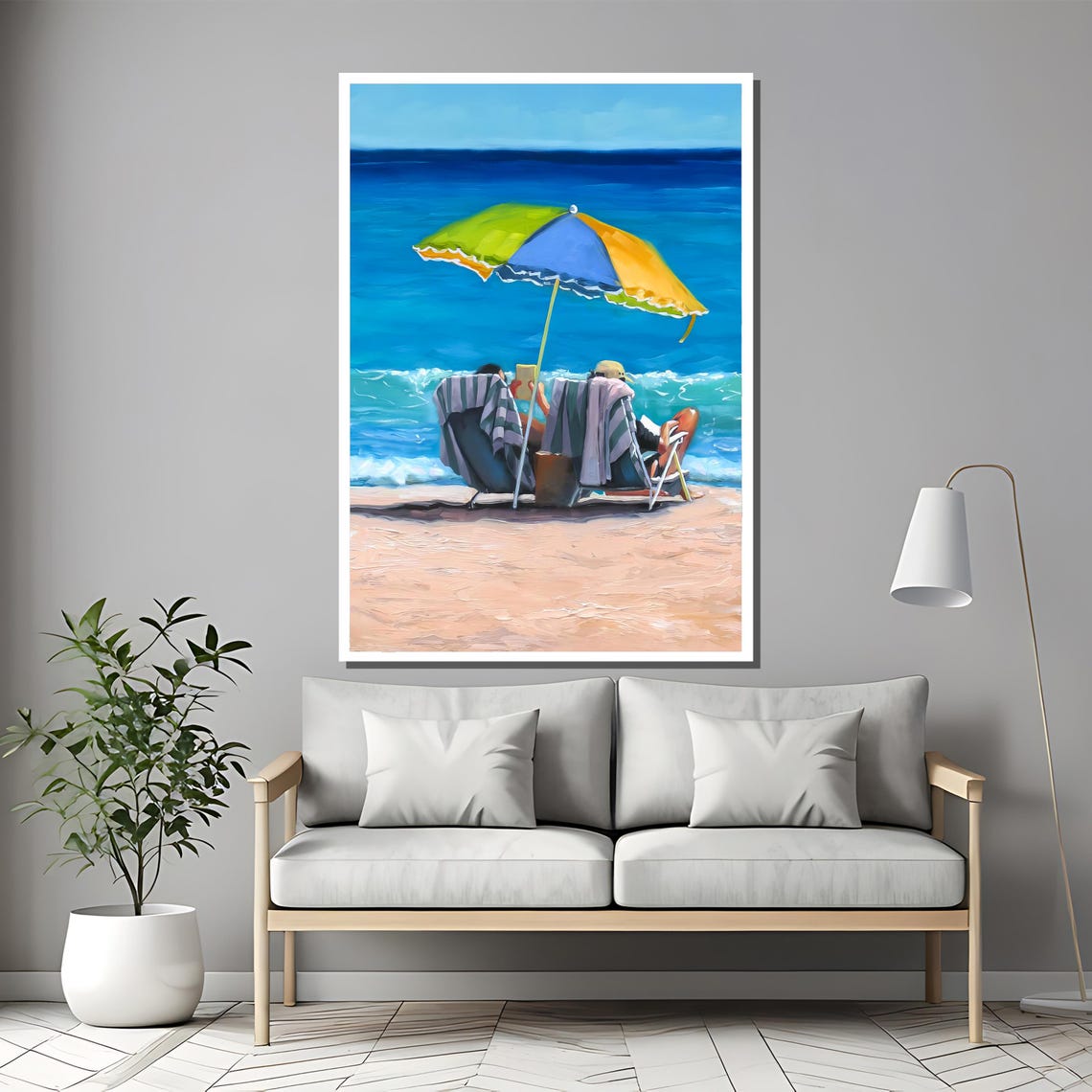 Couple Relaxing Under Beach Umbrella on Sunny Shore Painting Poster - Image 2