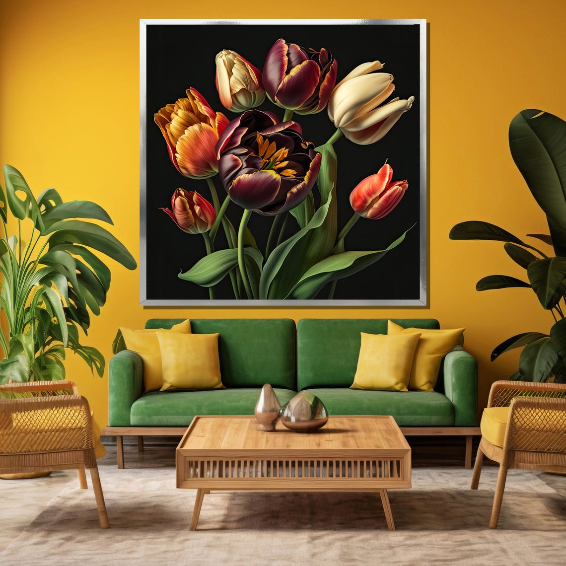 Dark Moody Tulips Bouquet On Black Background Floral Art Poster - Image 3