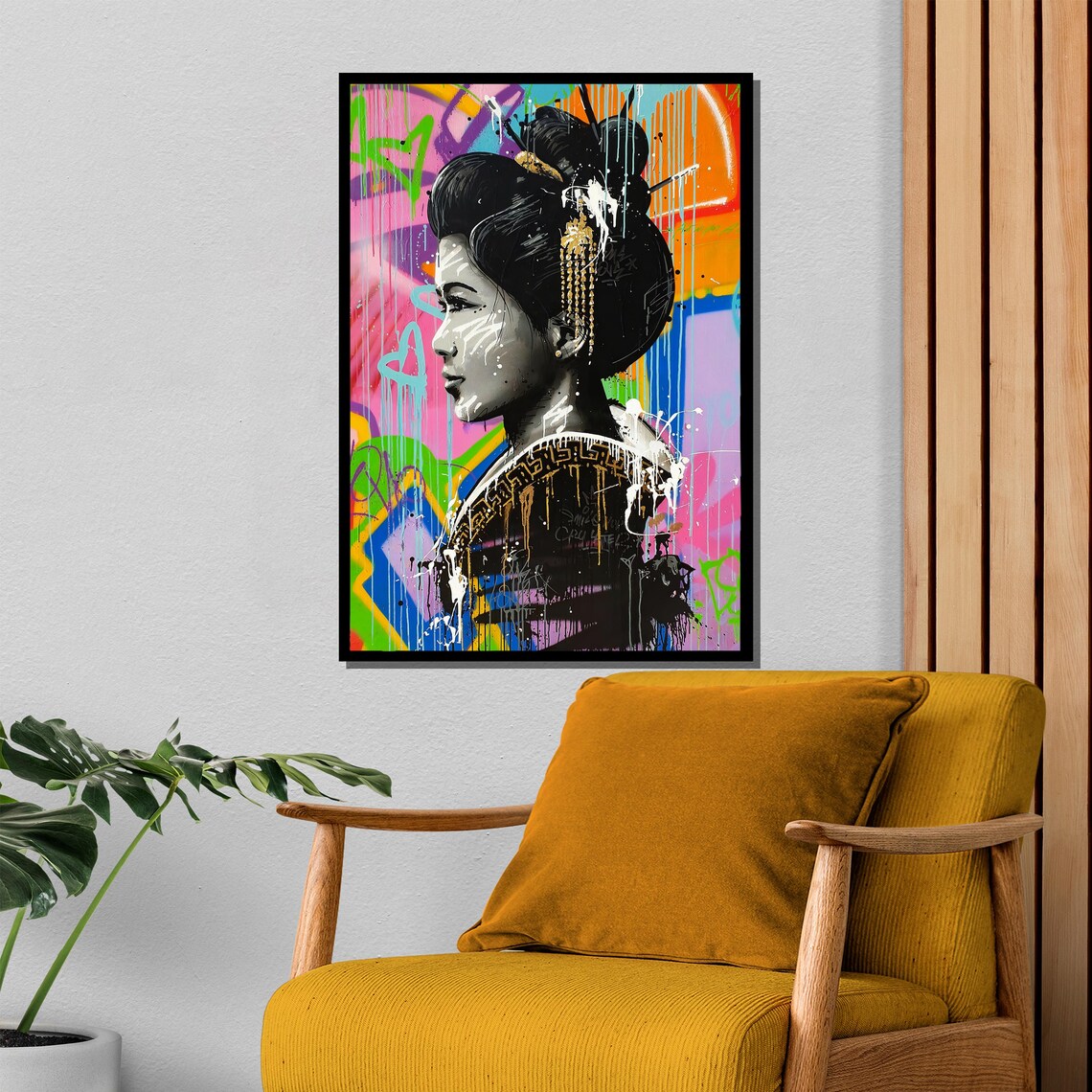 Geisha Portrait Black White Face On Colorful Graffiti Poster - Image 4