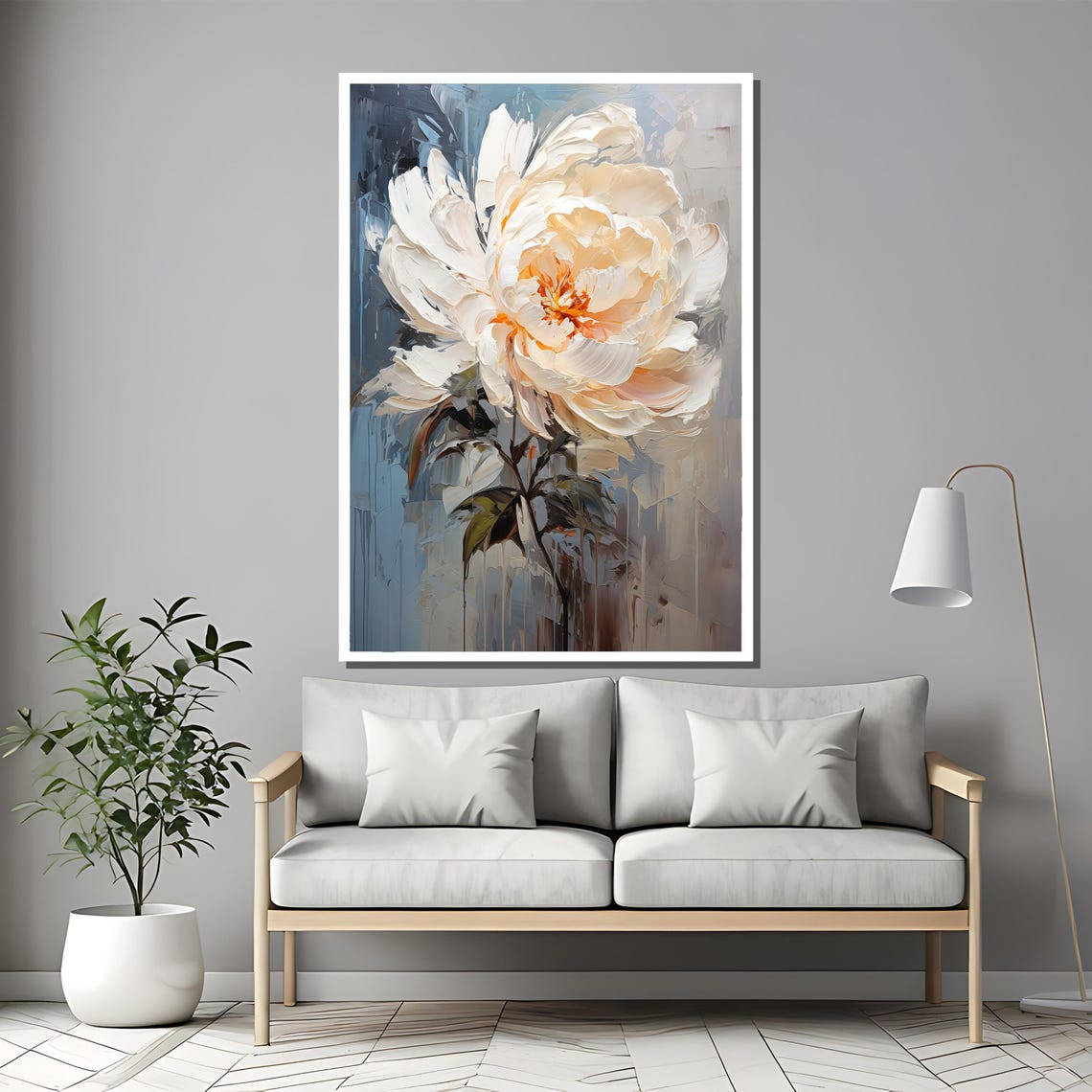 White Peony Warm Peach Center Blue Gray Floral Painting Poster - Image 2