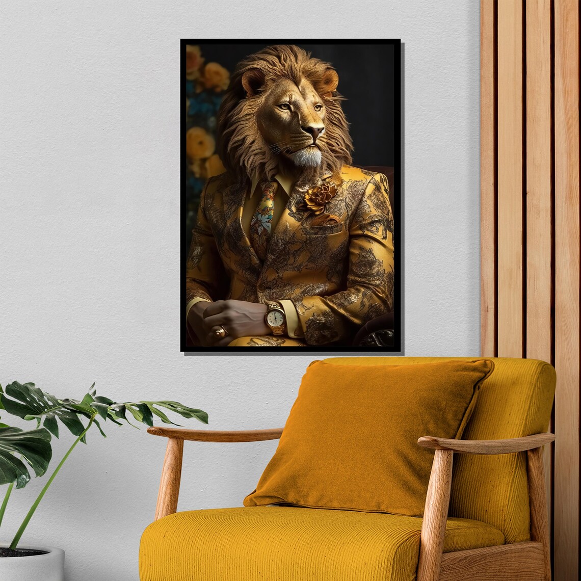 Regal Lion in Ornate Gold Suit with Watch Animal Portrait Poster - Image 4