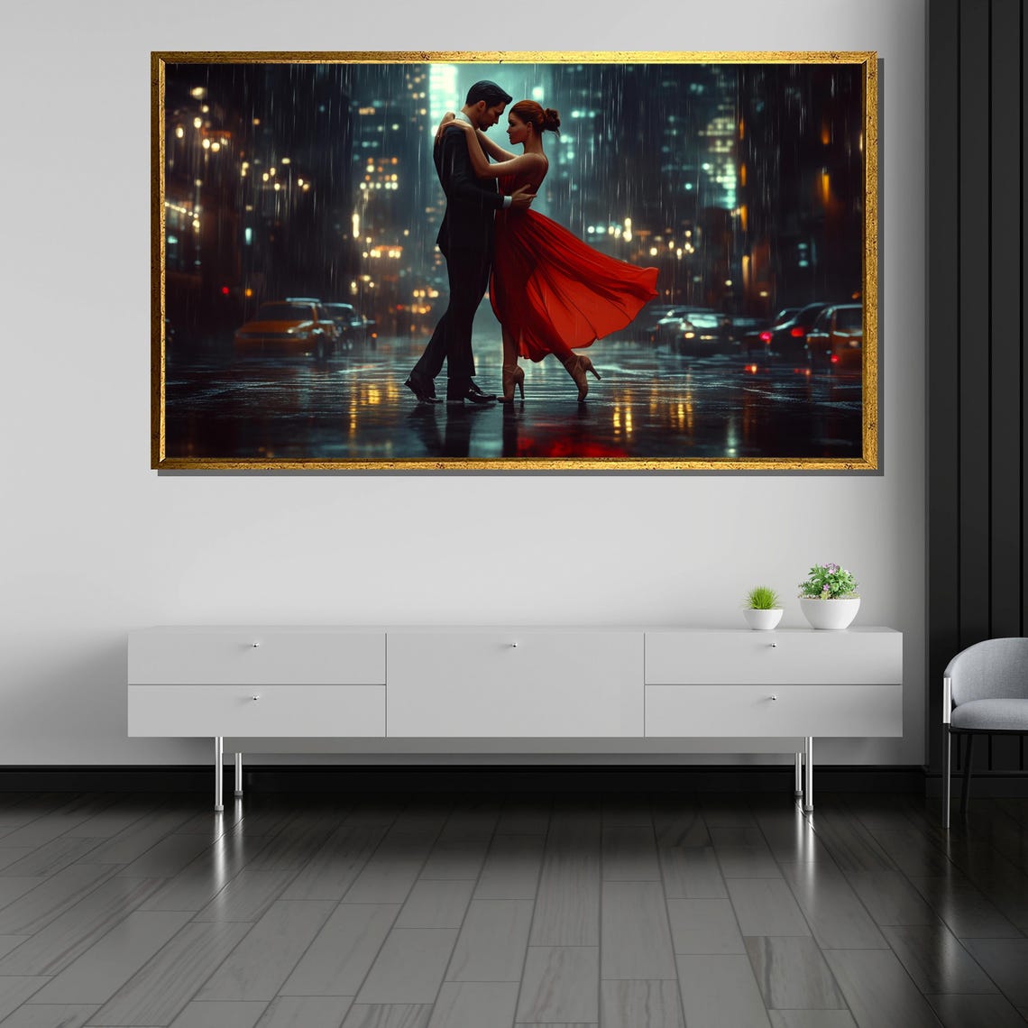 Romantic Dance Painting Elegant Couple In The Rain Passionate Wall Art Gift - Image 5