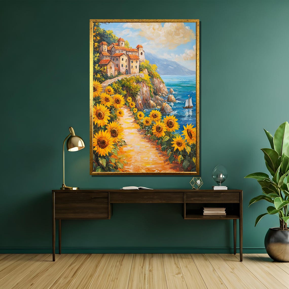 Sunflower Path to a Mediterranean Seaside Village Painting Poster - Image 5