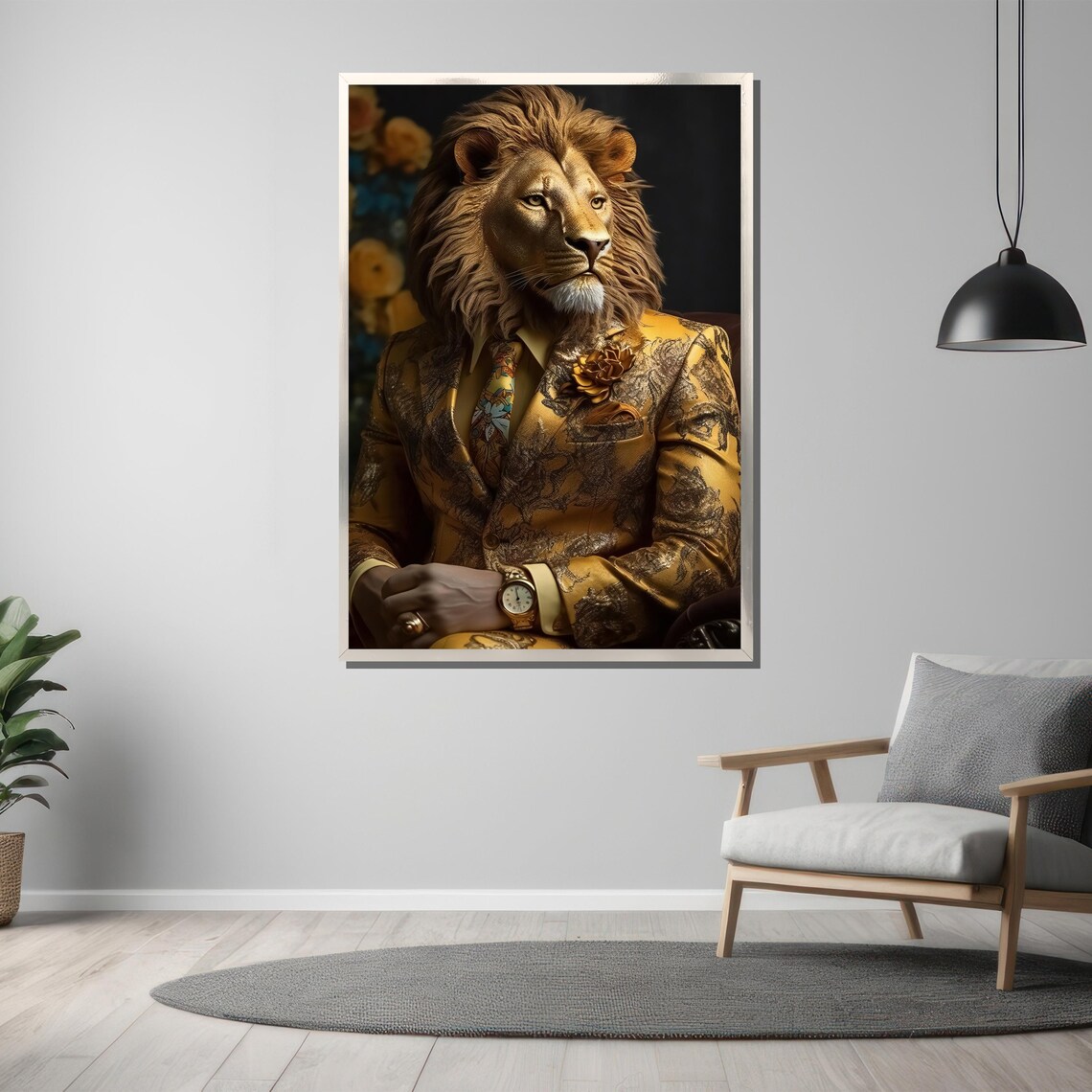 Regal Lion in Ornate Gold Suit with Watch Animal Portrait Poster - Image 3