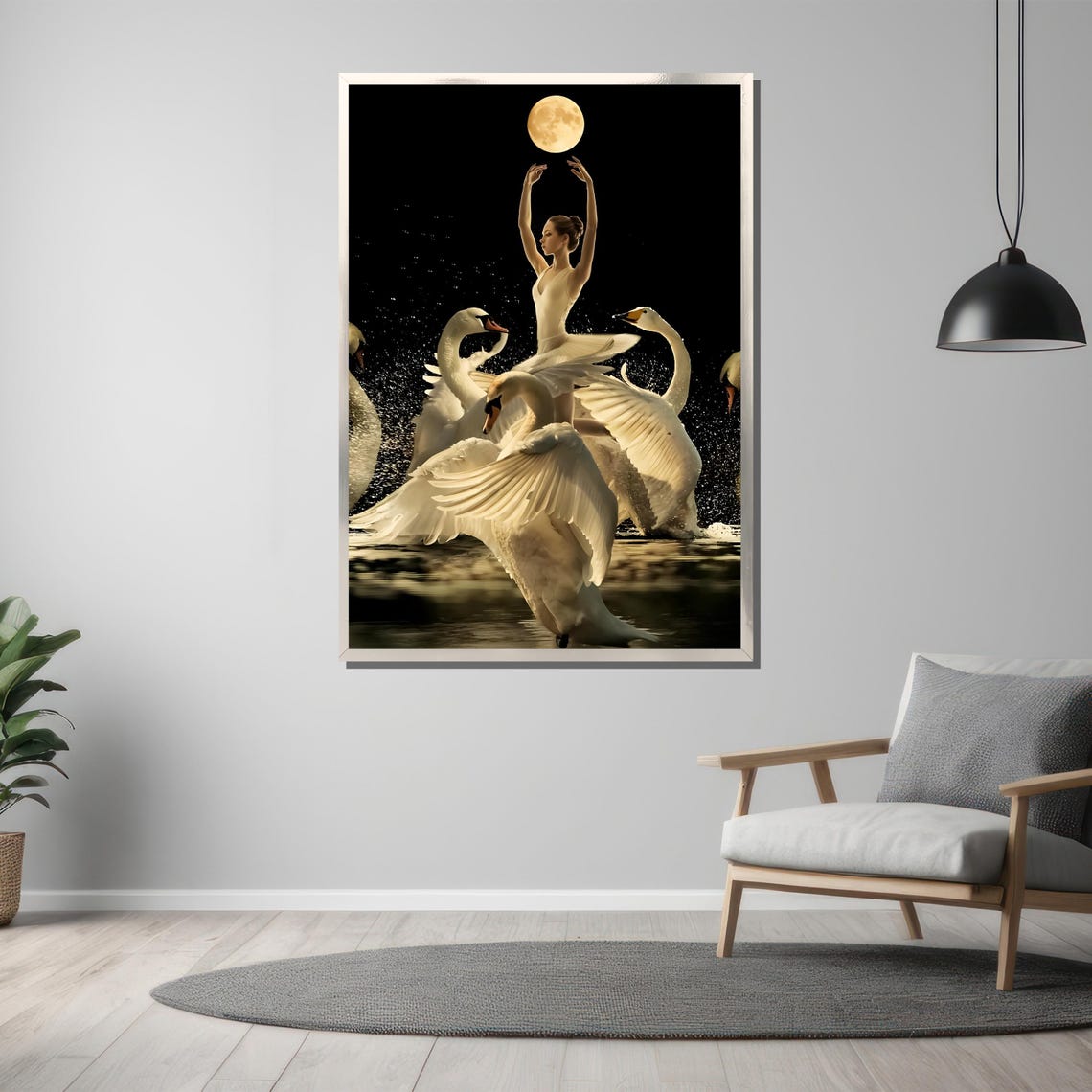 Ballerina Dancing with White Swans Under Full Moon Night Art Poster - Image 3