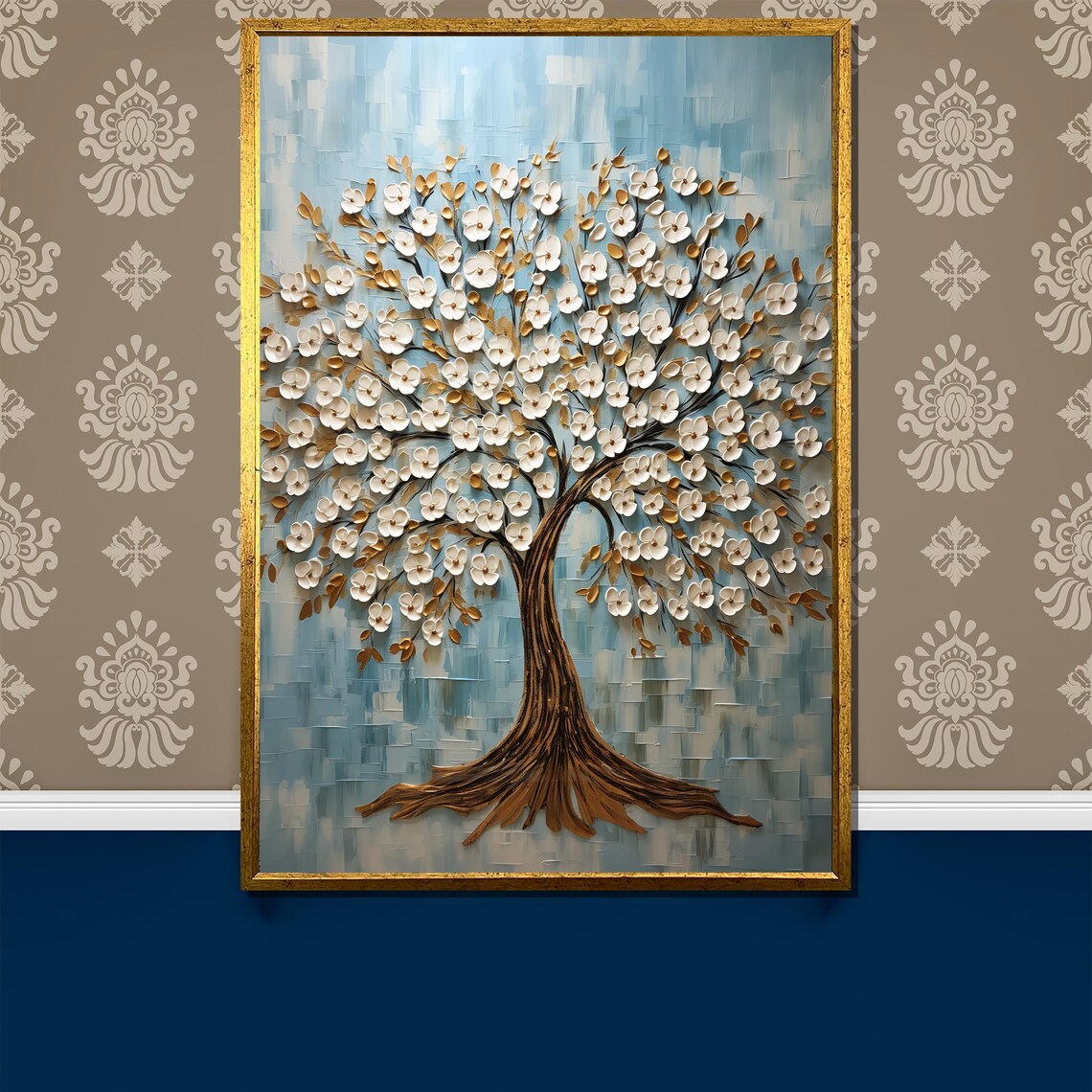 Textured White And Gold Blossom Tree Modern Nature Art Poster