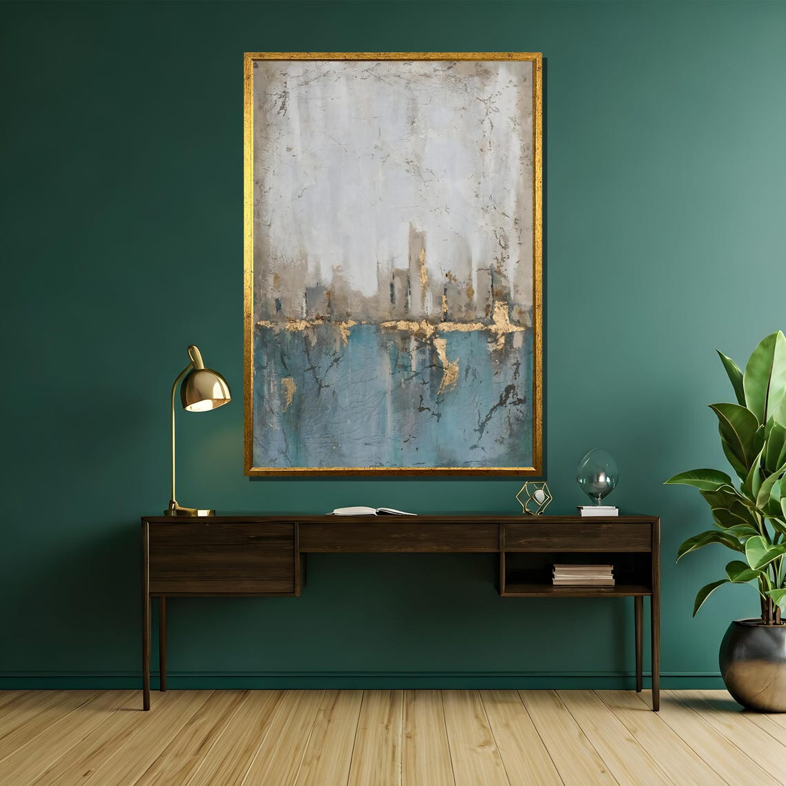 Blue Gold Abstract Skyline Urban Landscape Modern Art Poster - Image 5