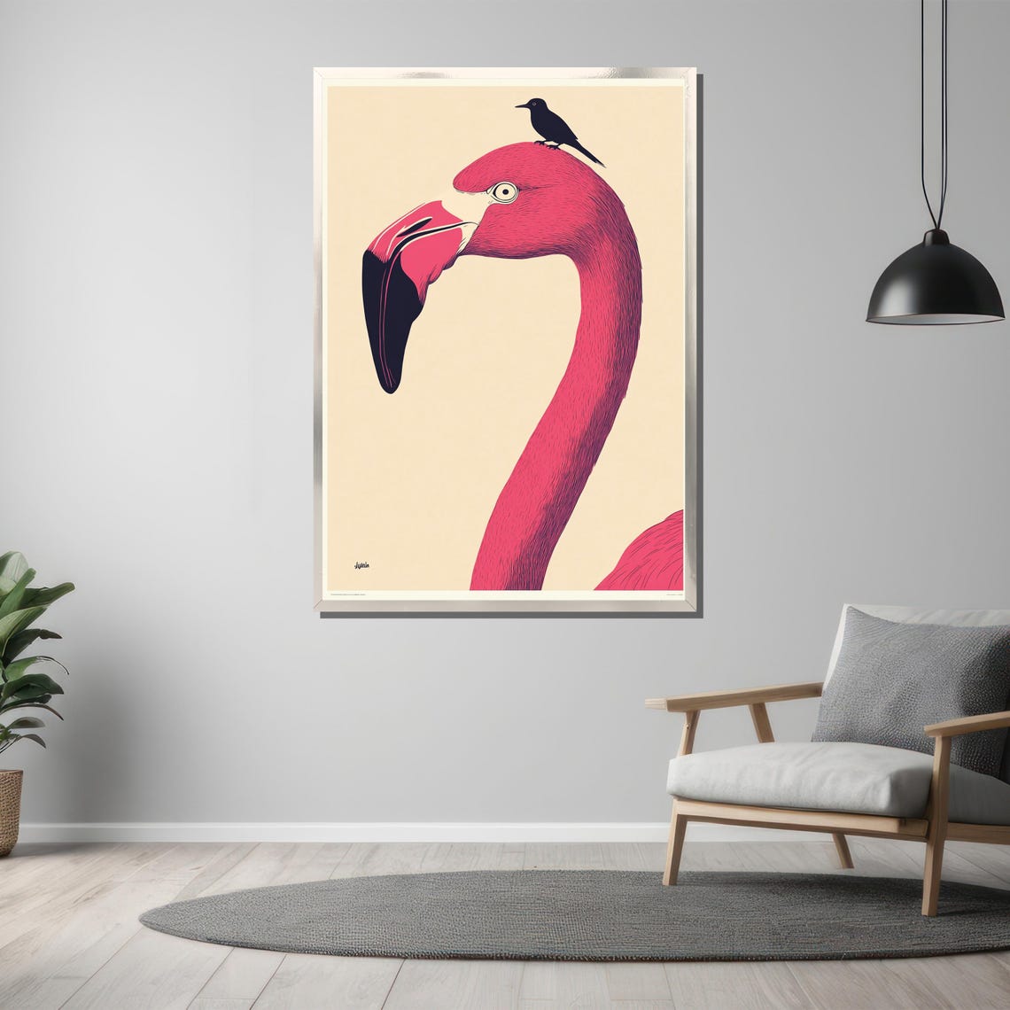 Pink Flamingo Minimalist Bird With Tiny Black Bird Art Poster - Image 3