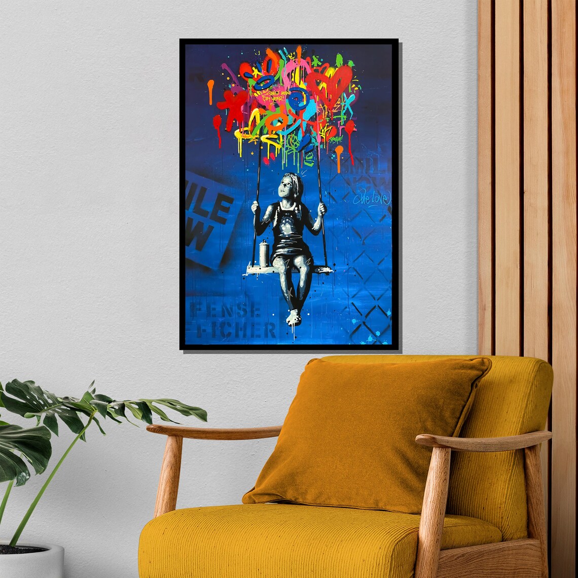Banksy Style Girl On Swing With Graffiti Balloon Blue Art Poster - Image 4