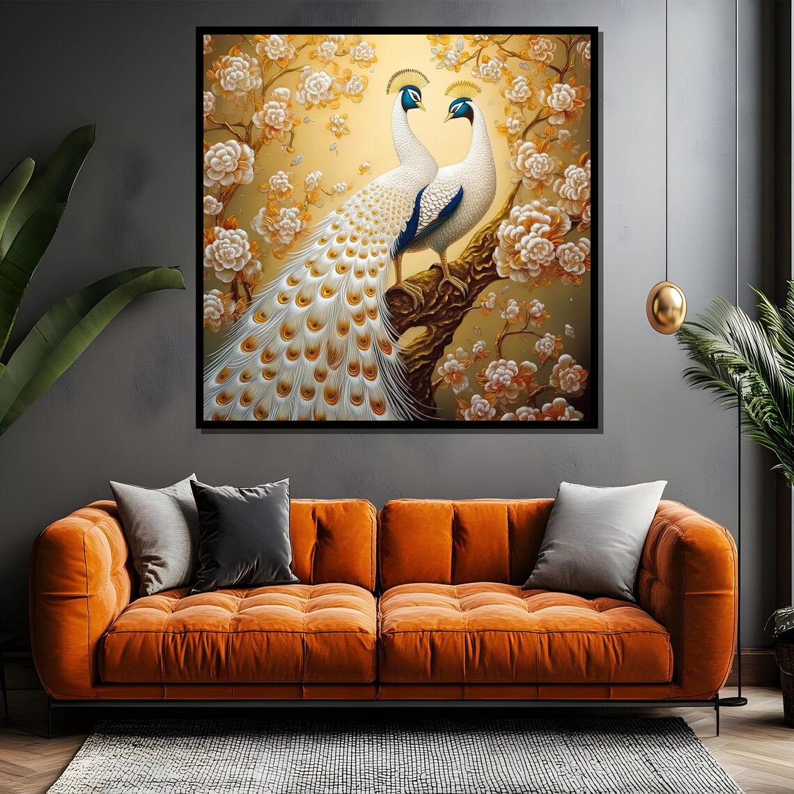 Pair Of White Peacocks Among Golden Blossoms And Branches Poster - Image 4
