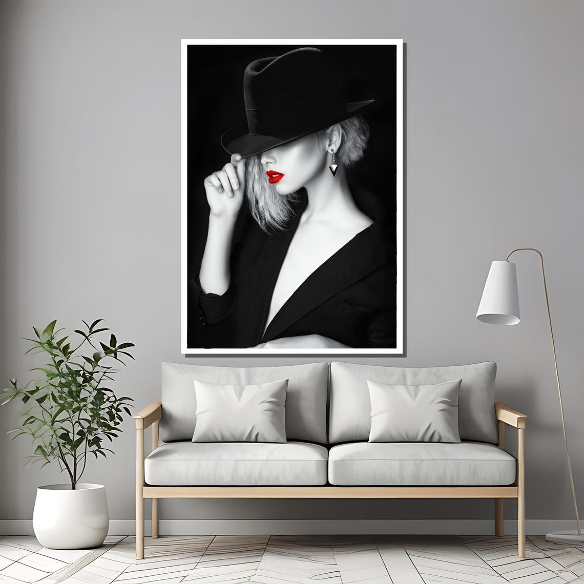 Femme Fatale In Black Hat With Red Lips Noir Style Art Poster - Image 2