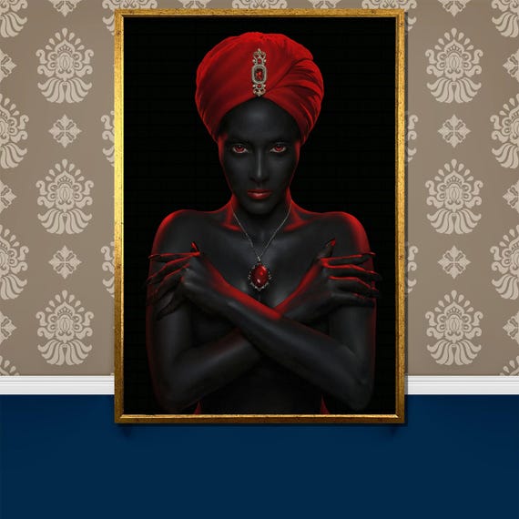 Dark And Enigmatic Woman Painting With Red Turban And Jewel Mysterious Wall Art Gothic Portrait Gift For Unique Home Decor