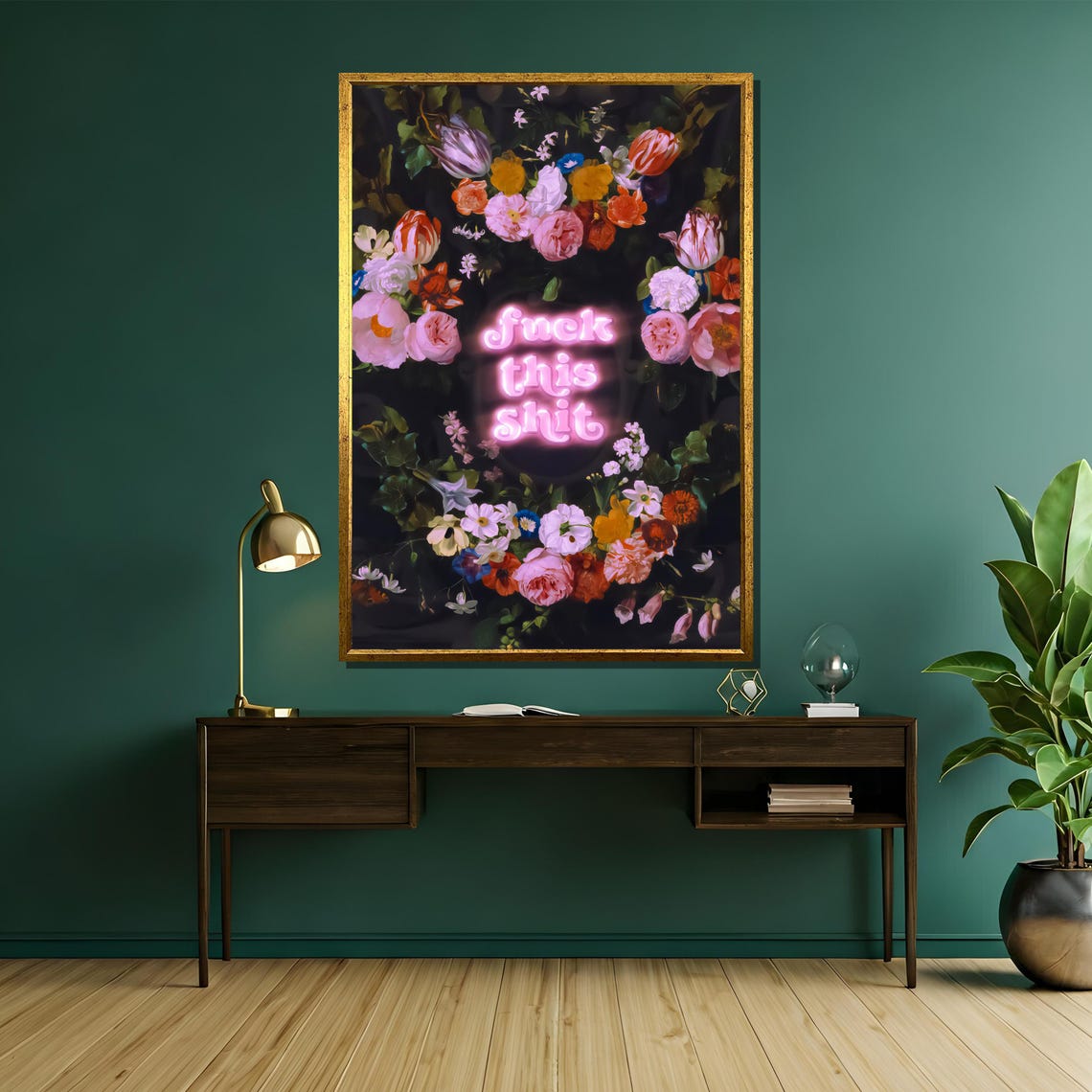 Fuck This Shit Pink Neon Quote Floral Wreath Statement Poster - Image 5