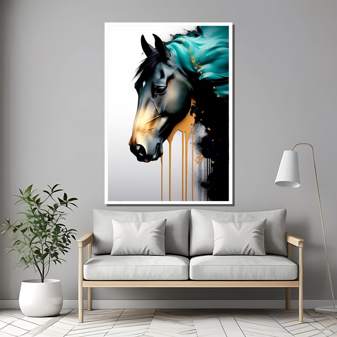 Abstract Horse Head Teal Mane with Gold Drip Modern Art Poster - Image 2