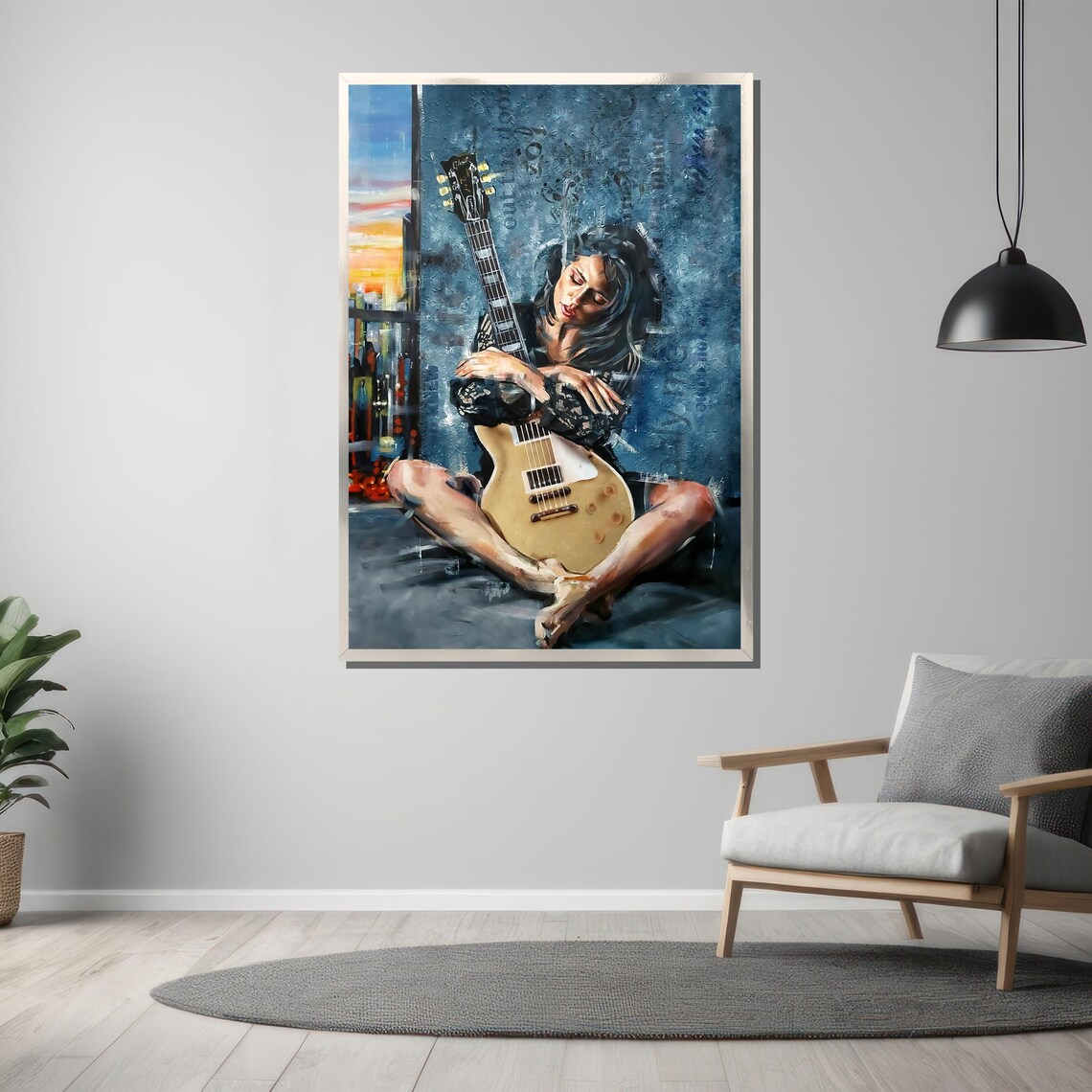 Melancholic Woman Embracing Electric Guitar Blue Painting Poster - Image 3