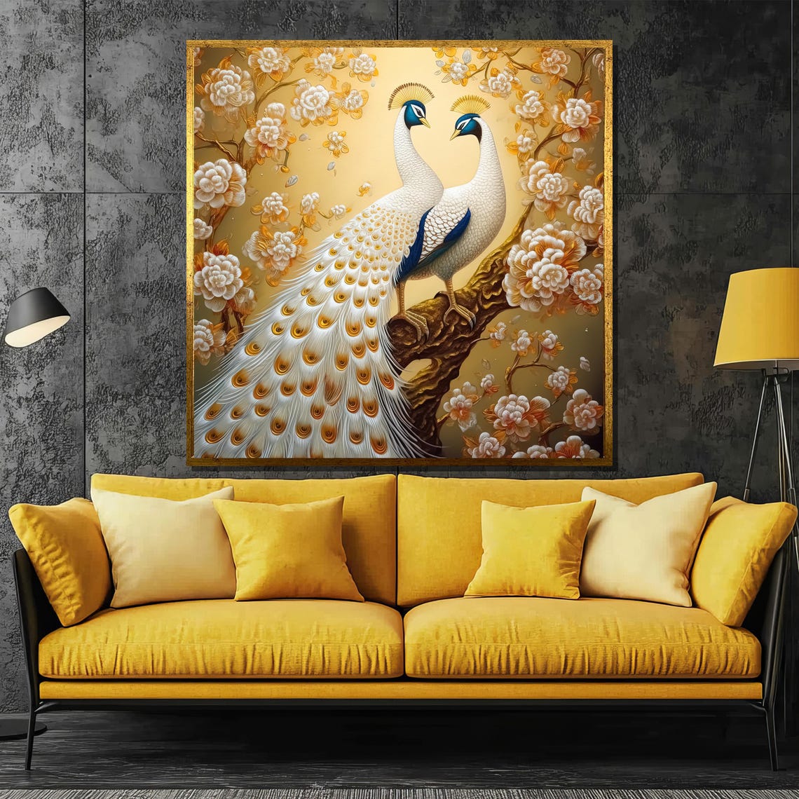 Pair Of White Peacocks Among Golden Blossoms And Branches Poster