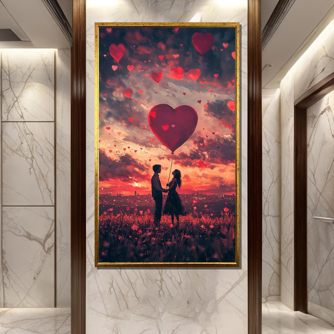 Forever Yours Couple With a Heart Balloon in the Sunset Sky Poster
