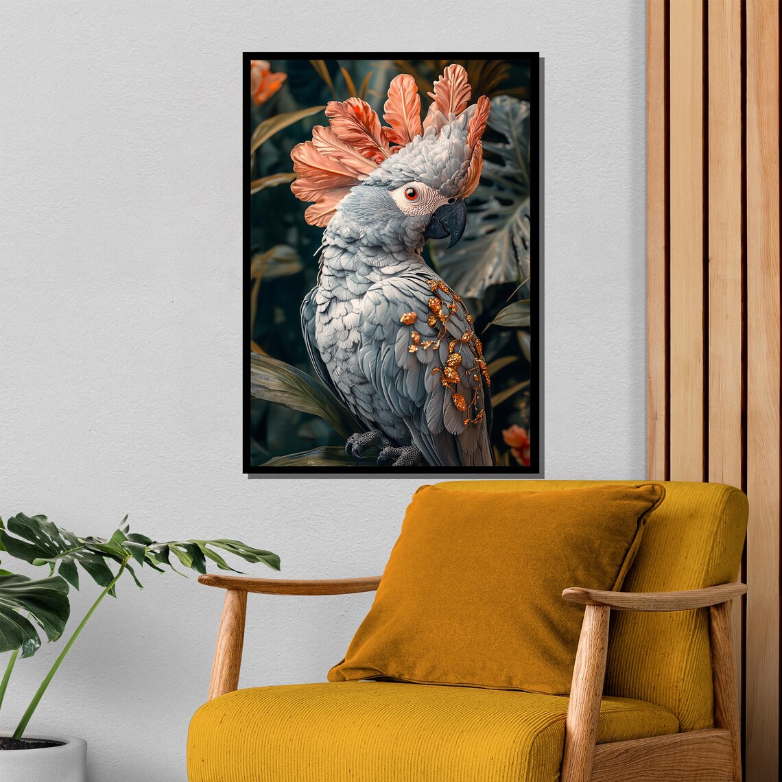 Elegant Cockatoo Parrot Pink Crest Gold Accents Bird Art Poster - Image 4