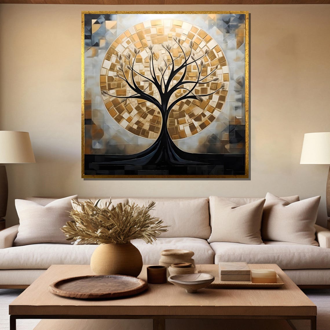 Black Tree Silhouette With Golden Mosaic Moon Circle Art Poster - Image 5