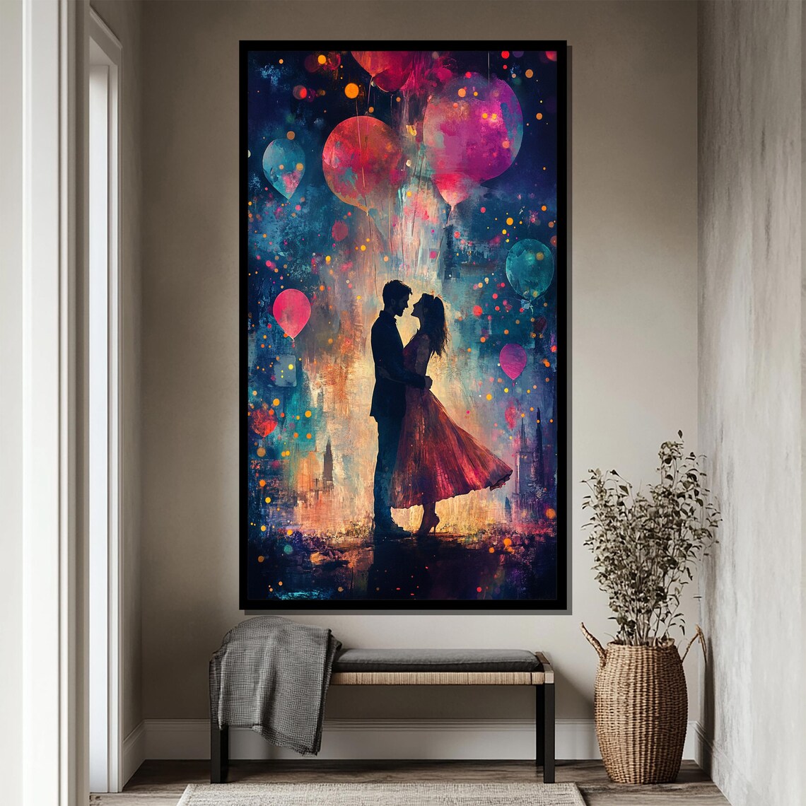 Romantic Couple Silhouette With Balloons City Night Art Poster - Image 4