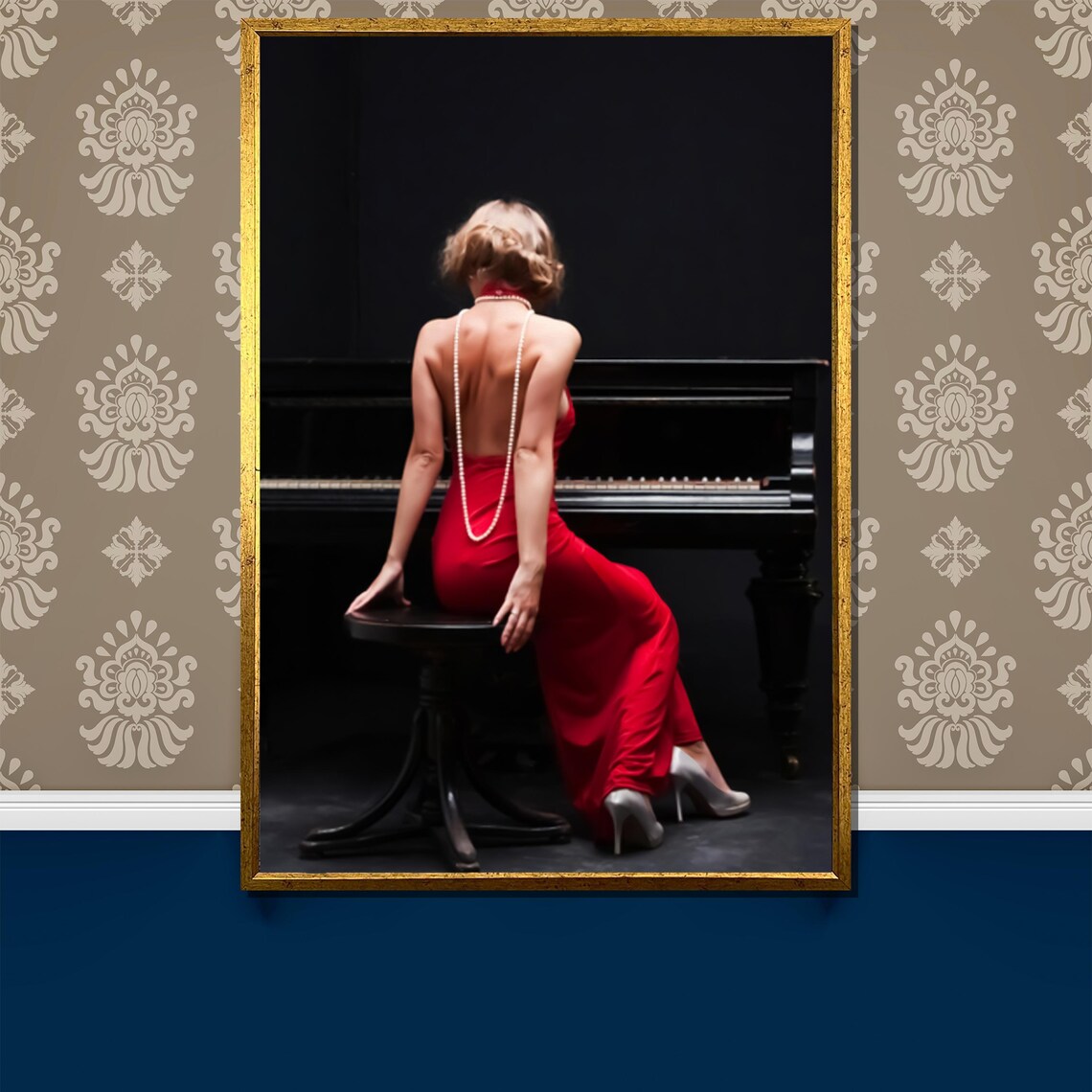 Woman in Red Backless Dress with Pearls at Piano Photo Poster