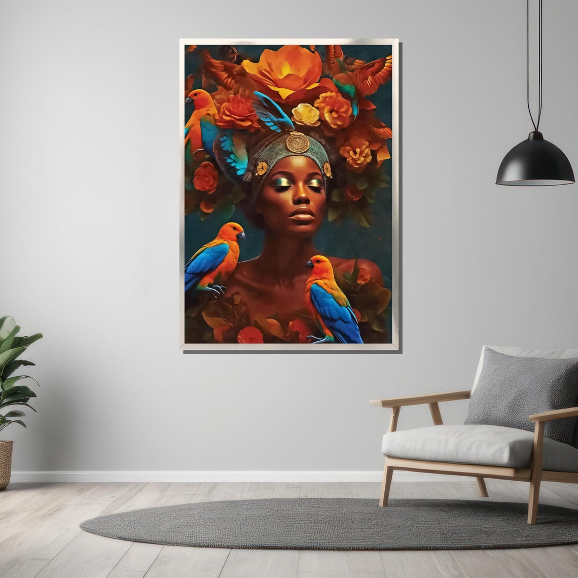 Regal Exotic Woman With Parrot Flower Crown Tropical Art Poster - Image 3