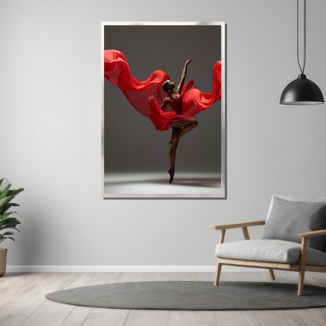 Ballerina on Pointe with Flowing Red Silk Fabric Studio Photo Poster - Image 3