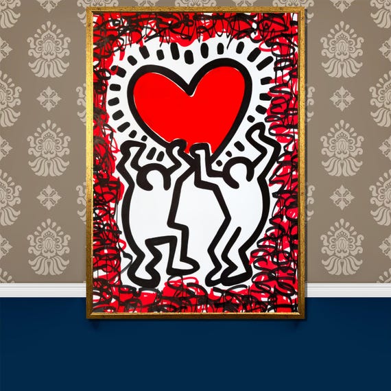 Pop Art Heart Painting Bold Red Black Urban Art Gift With Iconic Figures Celebrating Love For Unique Wall Decor