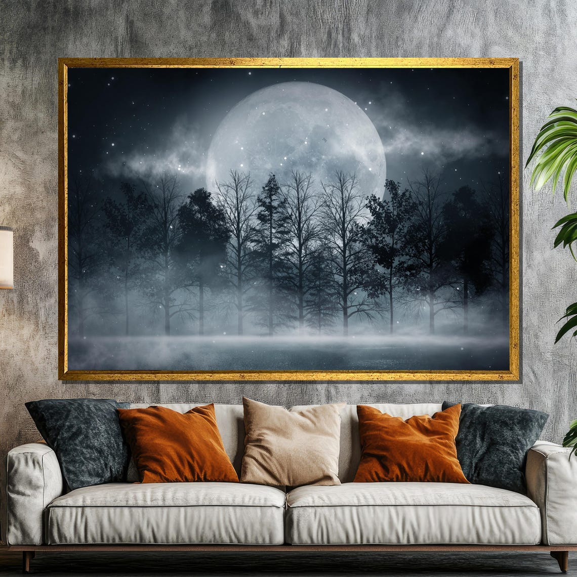 Full Moon Rising Over Misty Night Forest Eerie Landscape Poster