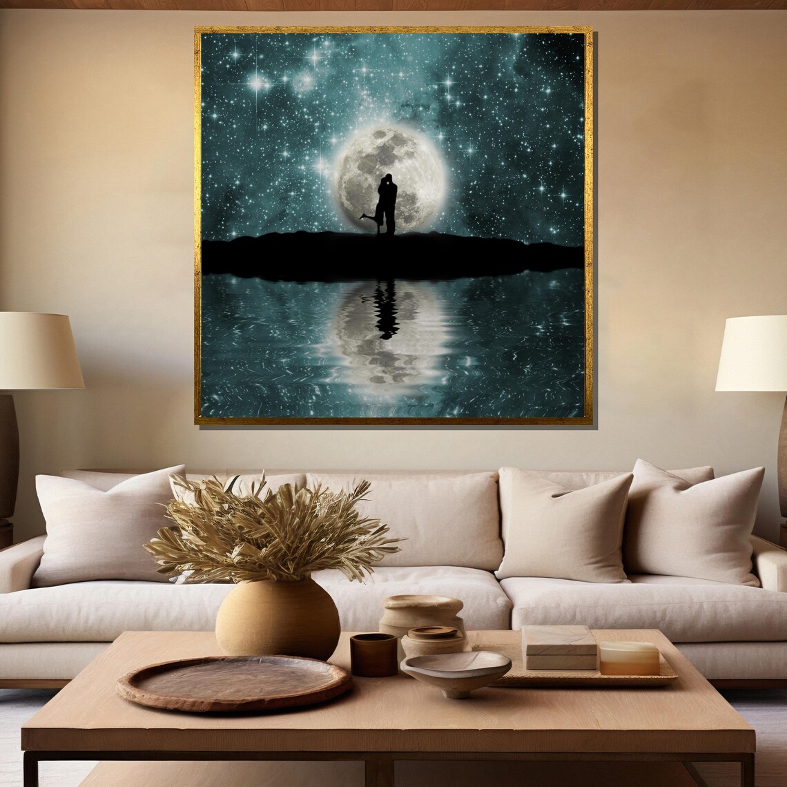 Moonlit Couple Silhouette, Starry Sky Reflected Art Print - Image 5