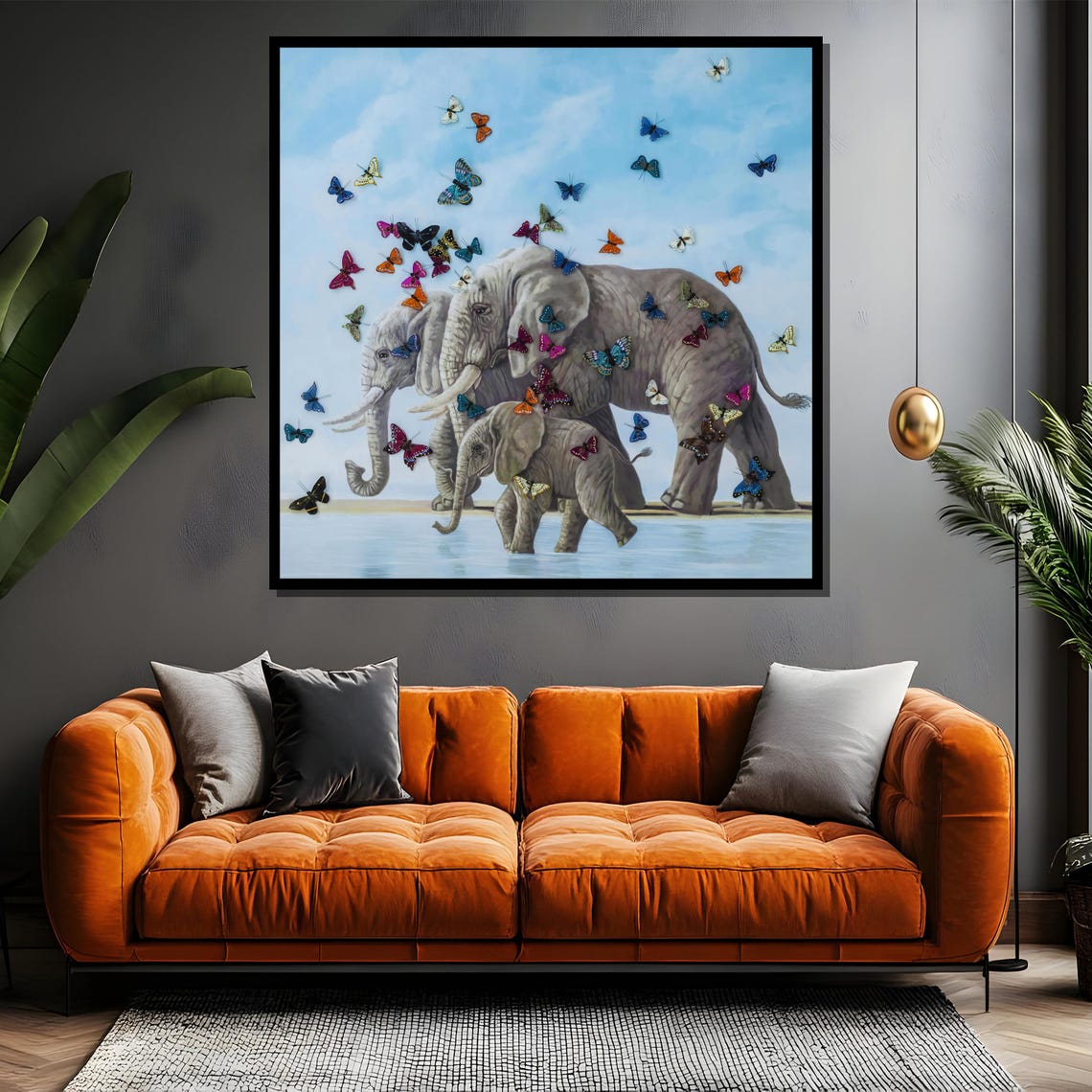 Elephant Family Walking Beneath A Sky Of Colorful Butterflies Poster - Image 4