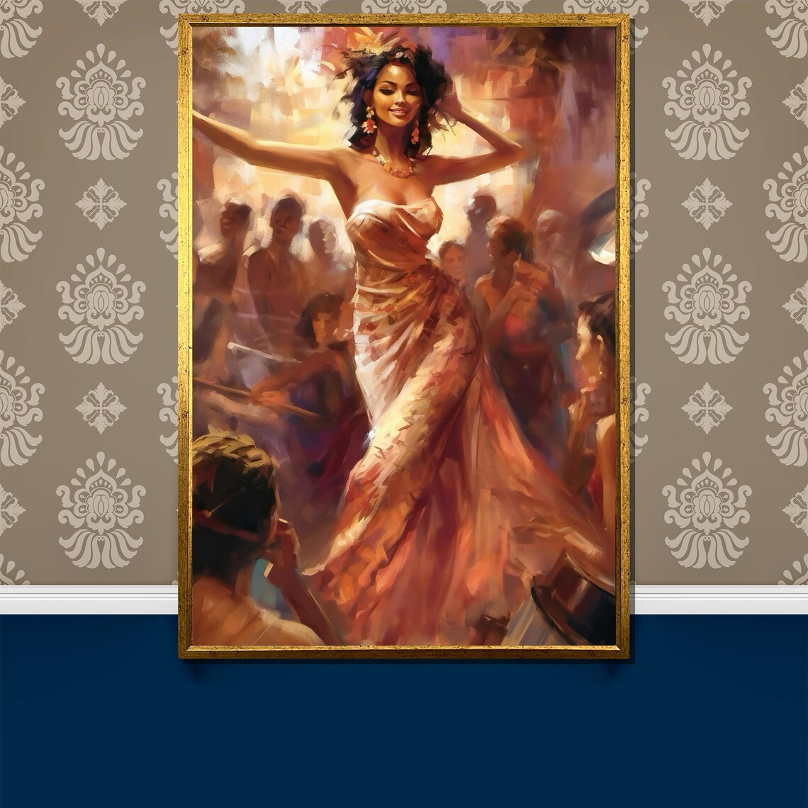 Flamenco Dancer Celebrating in Warm Golden Crowd Painting Poster