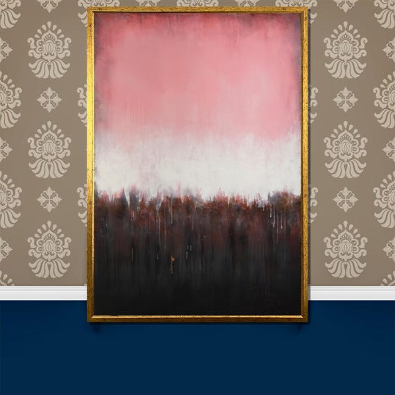 Blush And Charcoal Abstract Painting Modern Home Decor Art Gift With Soft Pink And Bold Black Tones