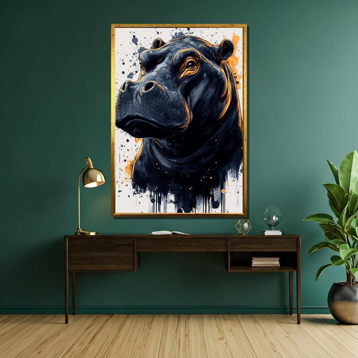 Golden Hour Hippo Bold Ink Splatter Wildlife Portrait Art Poster - Image 5