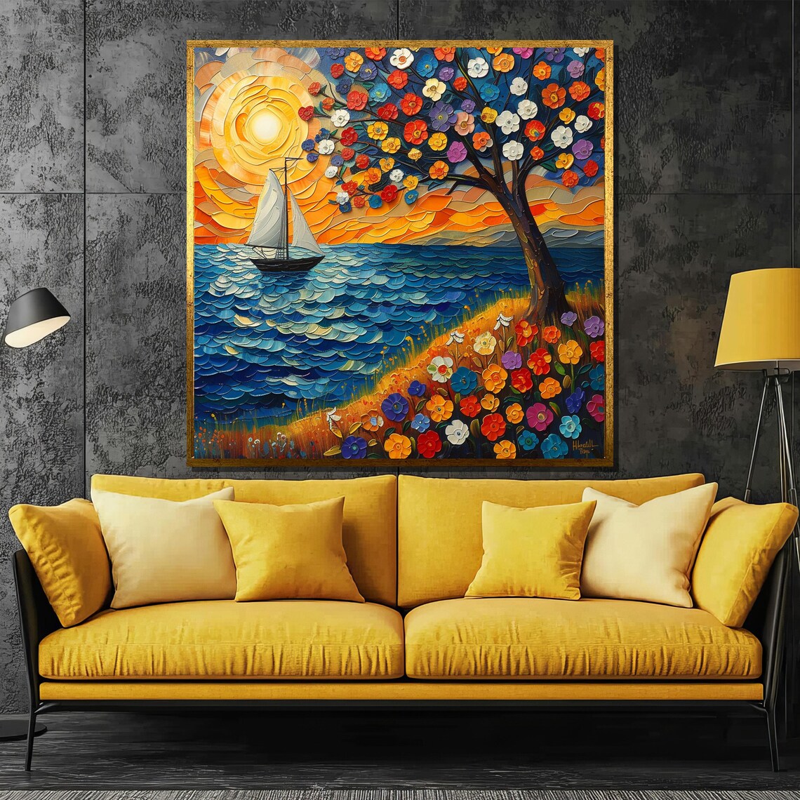 Colorful Floral Tree by the Sea With Sailboat Mosaic Style Poster