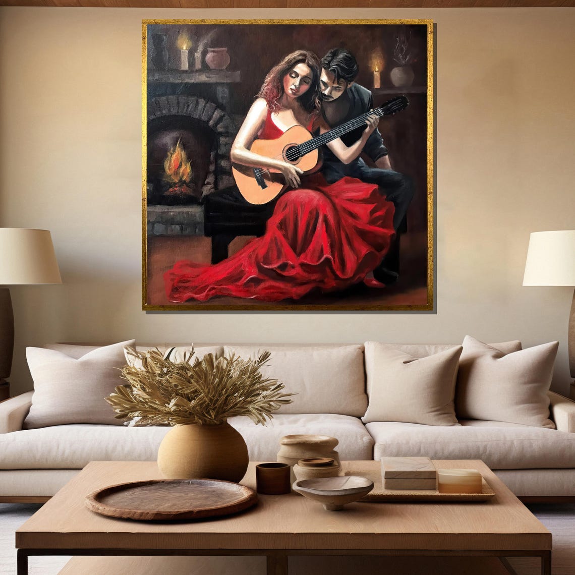 Romantic Guitar Serenade Couple By Fireplace Red Dress Poster - Image 5