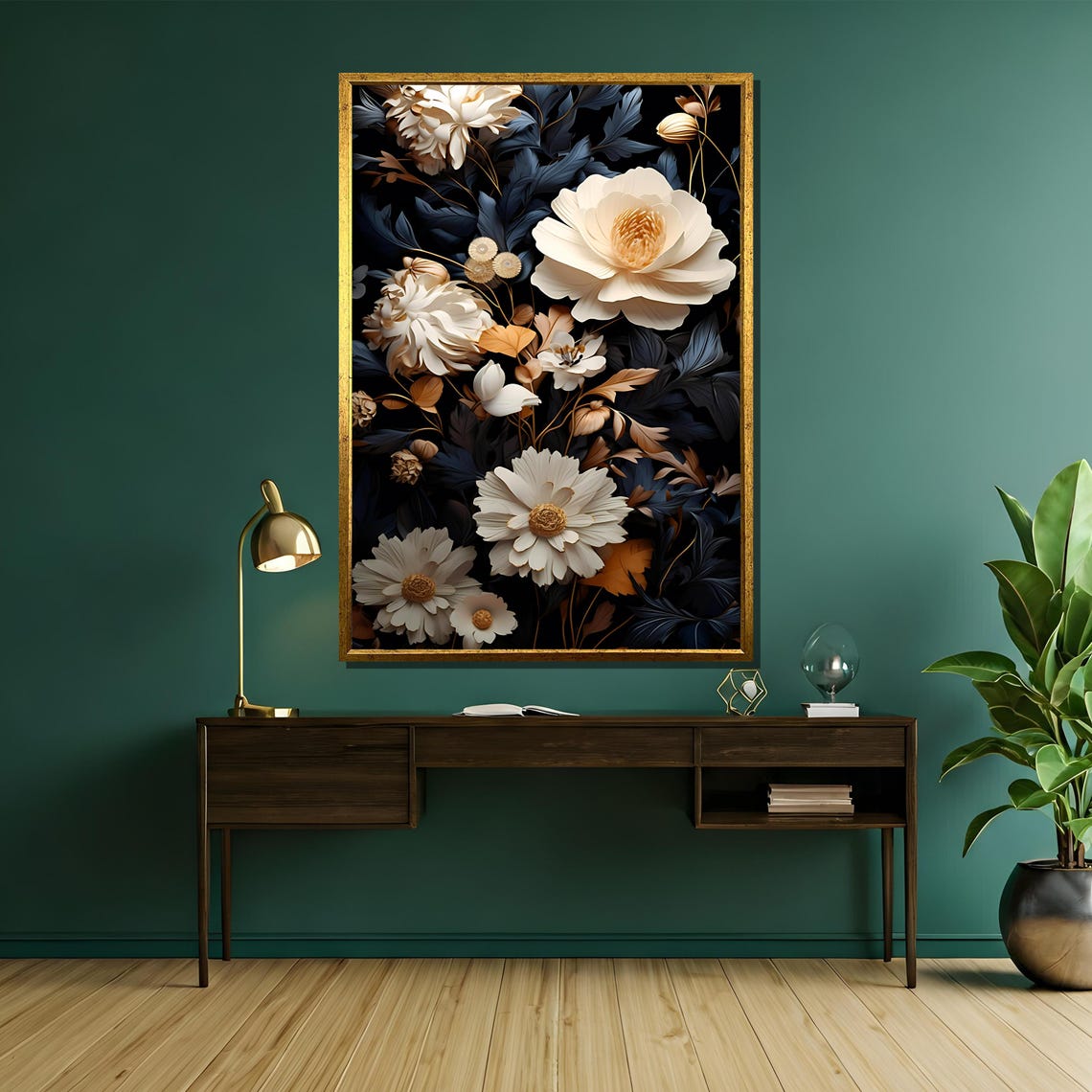 Cream Flowers with Navy Foliage on a Black Background Poster - Image 5