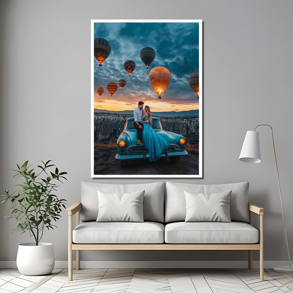 Couple On Vintage Car Cappadocia Balloons Sunset Travel Art Poster - Image 2