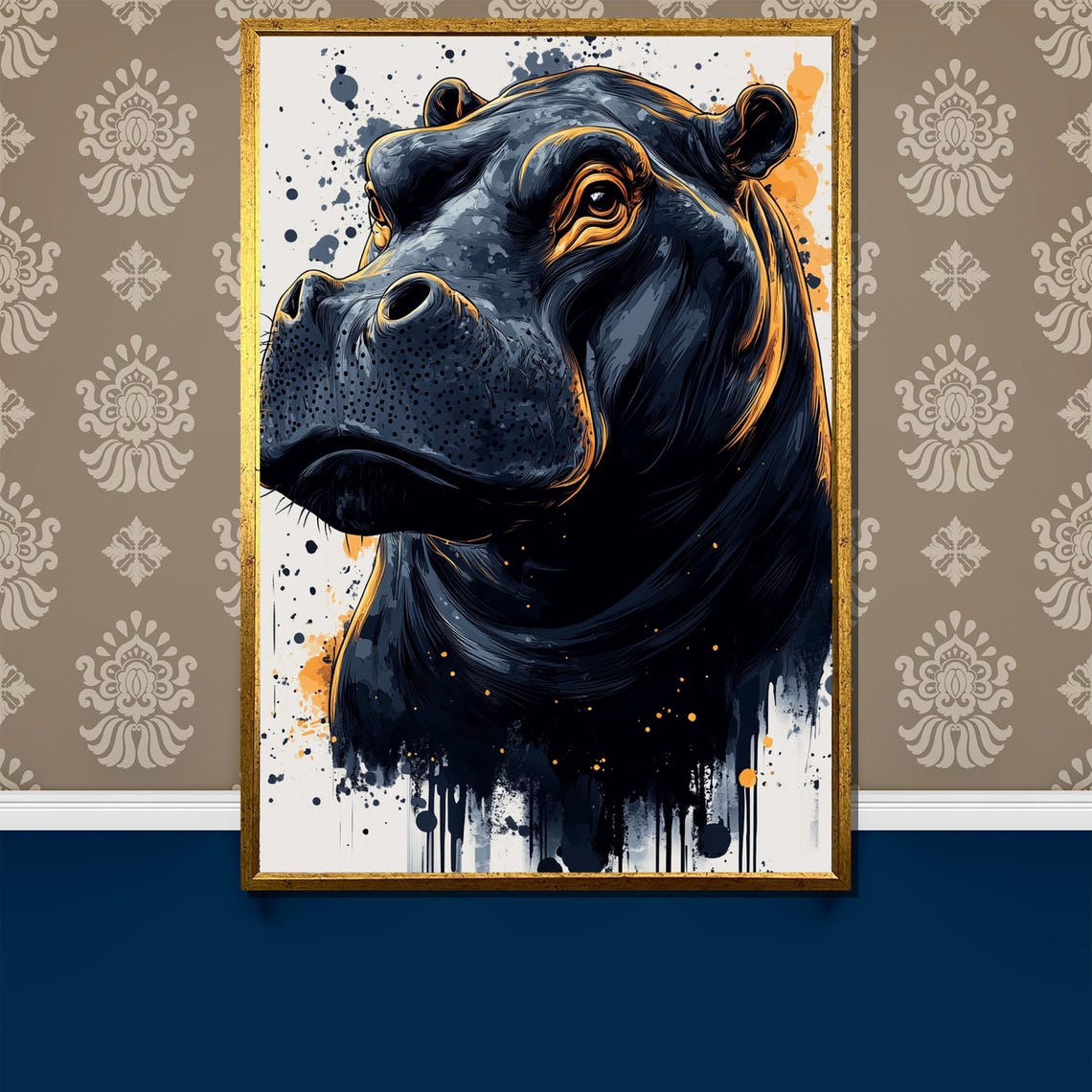 Golden Hour Hippo Bold Ink Splatter Wildlife Portrait Art Poster